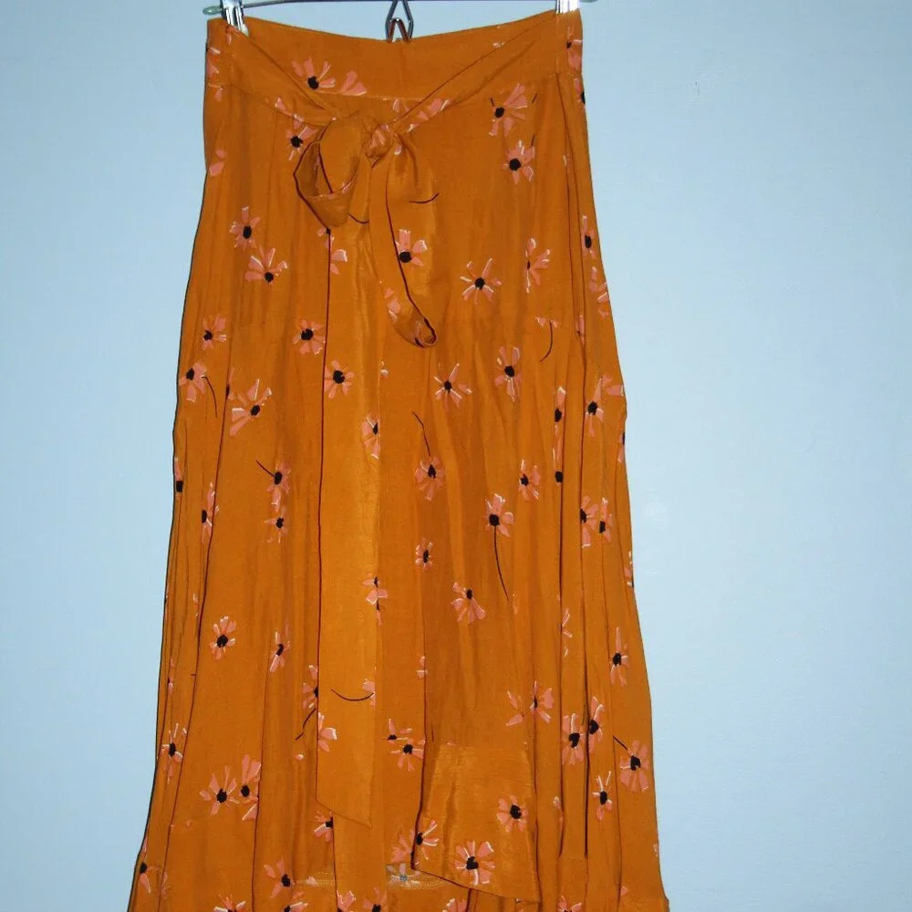 Faithfull the Brand Women Floral Skirt Ruffle Tie Waist Yellow Gold Medium Midi